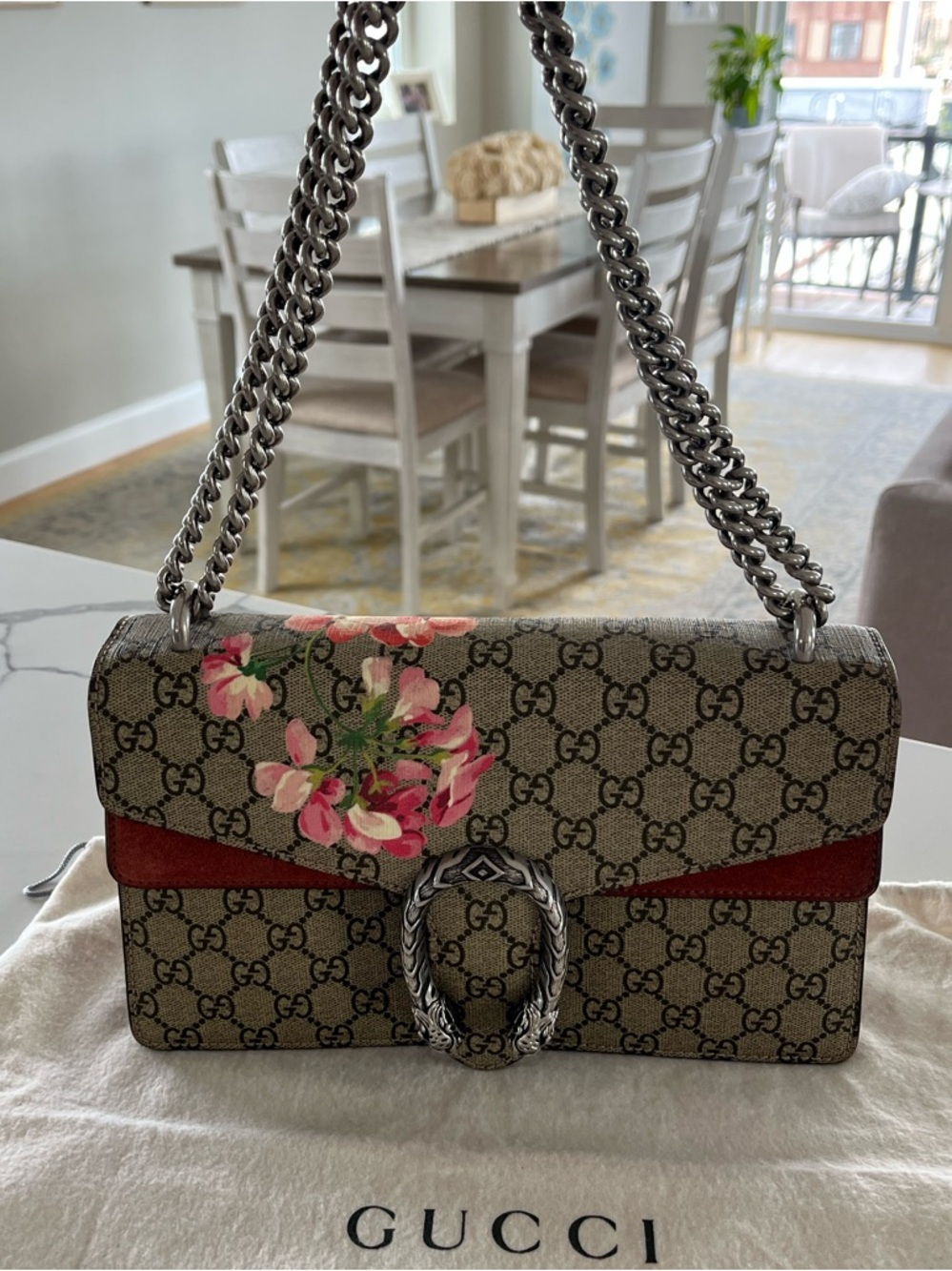 Gucci Dionysus GG Blooms Small Shoulder Bag Geranium Floral GG Supreme